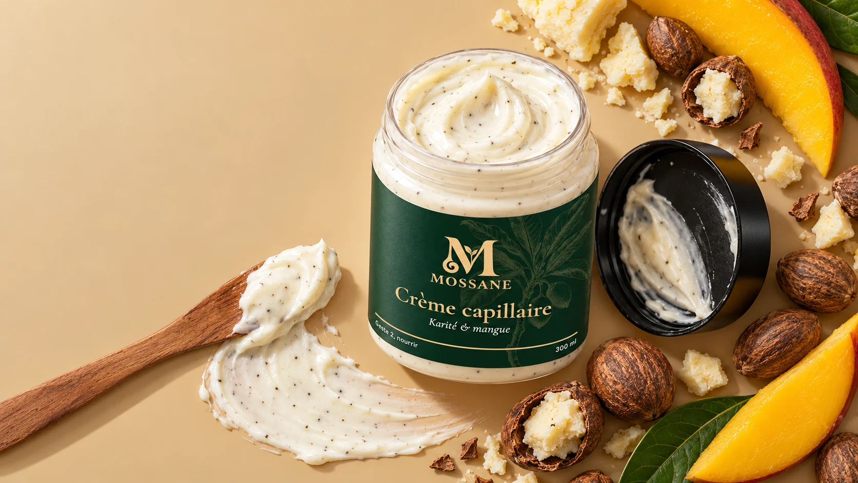 Le pot de crème Mossane ouvert, une spatule de crème, des noix de karité, du beurre de karité et des tranches de mangue