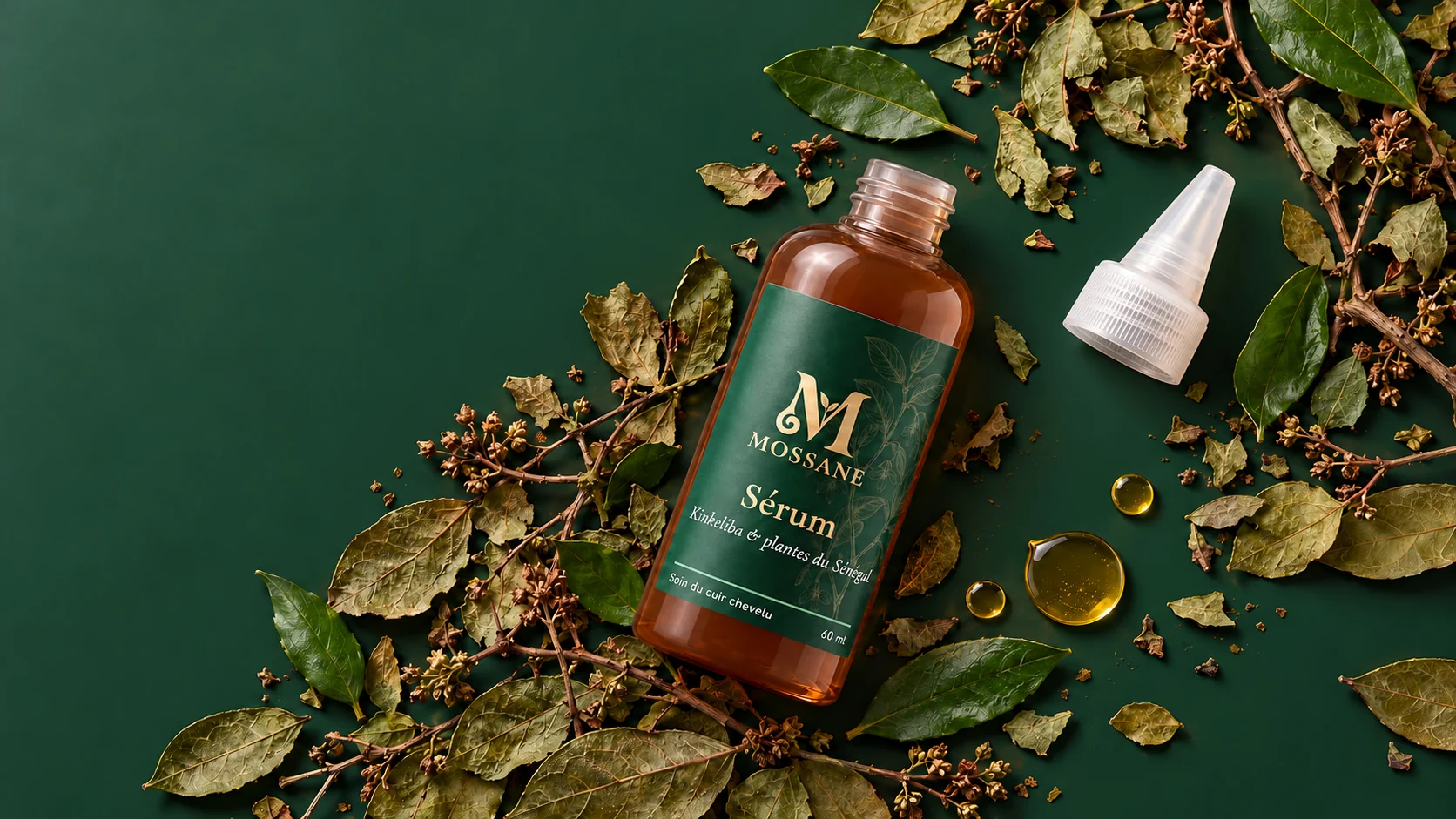 Le sérum Mossane couché parmi des feuilles et des rameaux de kinkeliba, son embout verseur posé à côté, avec des gouttes d'huile dorée