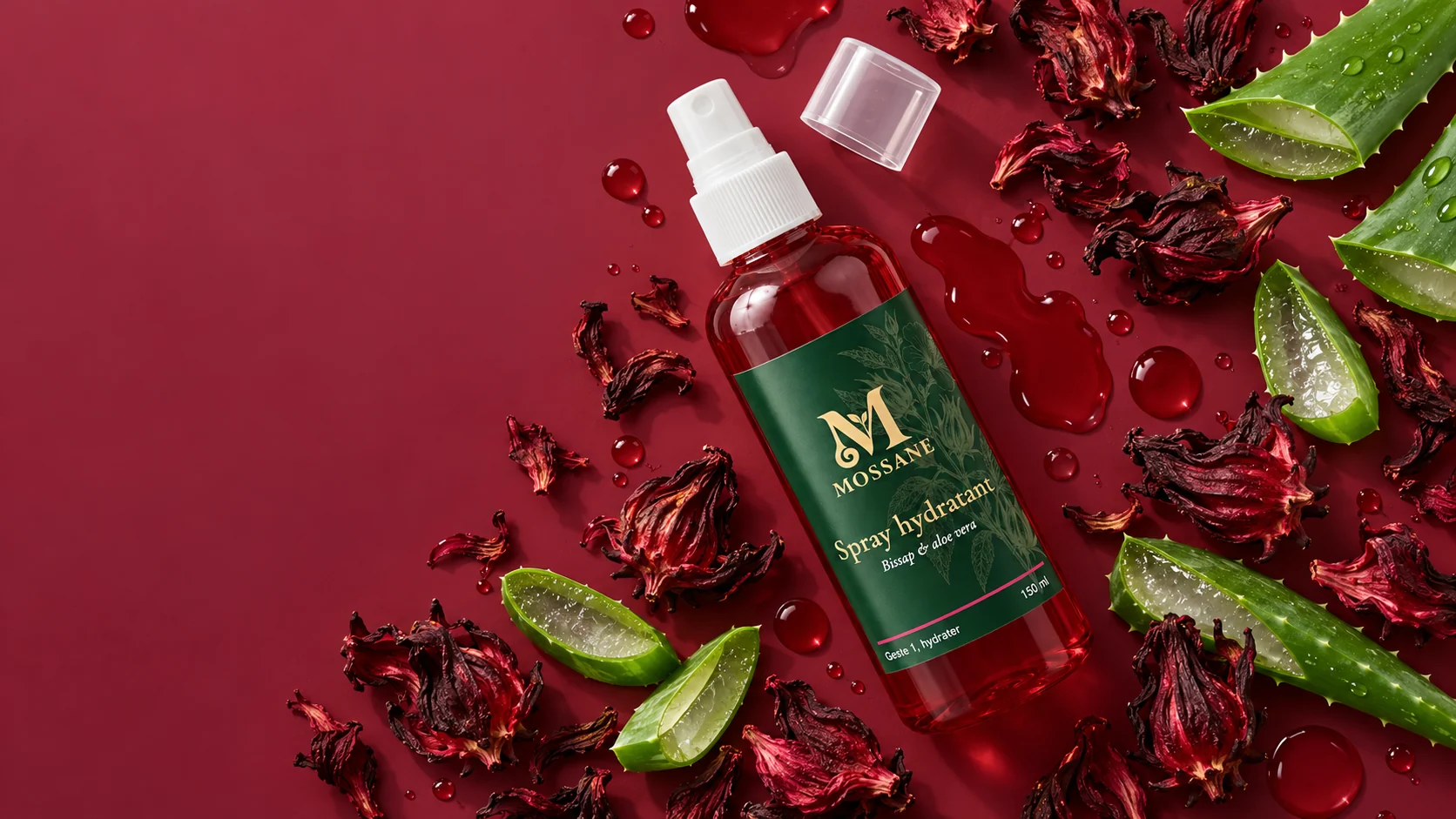 Le spray Mossane couché parmi des calices de bissap séchés, des feuilles d'aloe vera ouvertes et des gouttes rouges